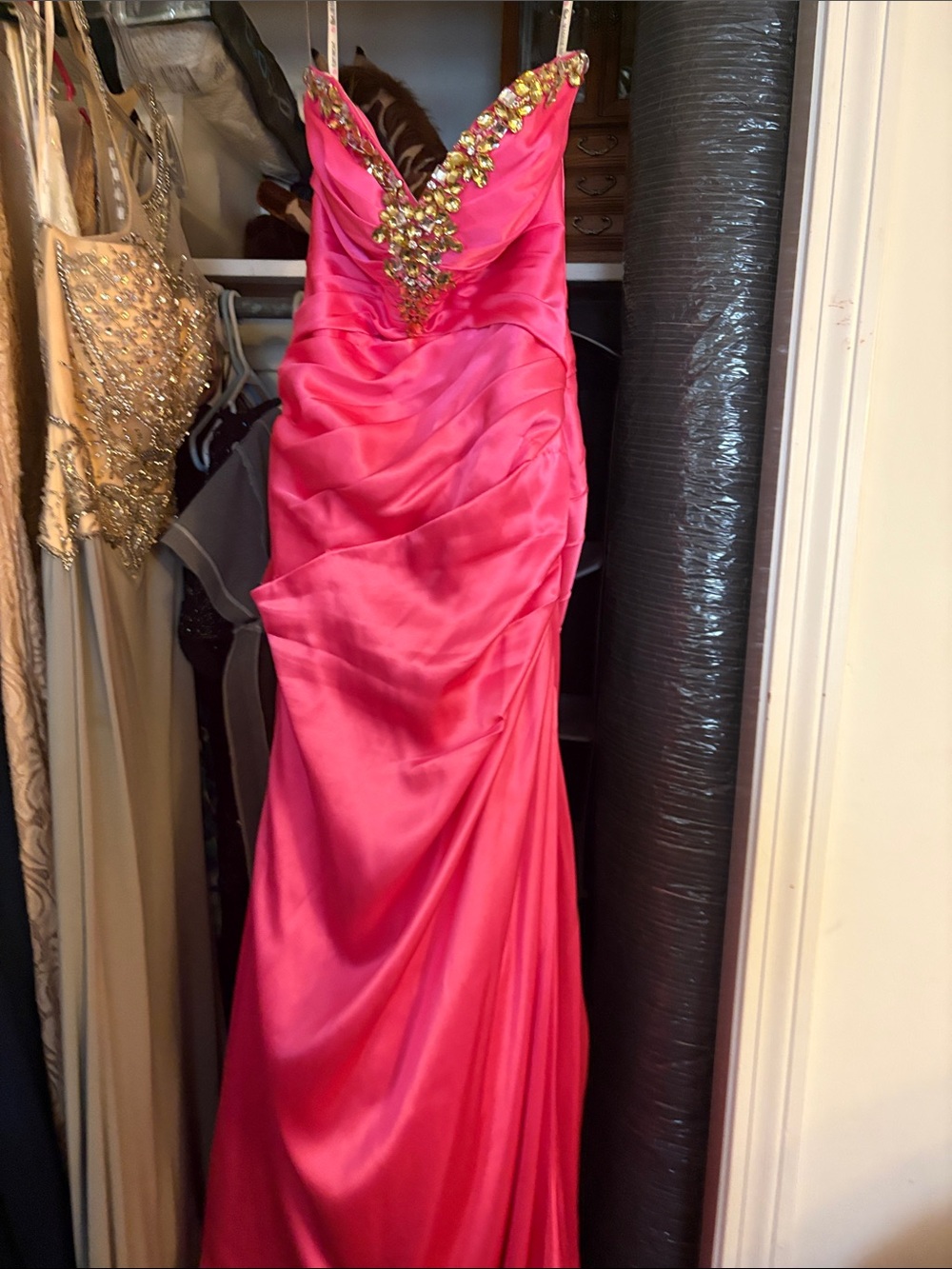 Hot Pink Strapless Evening Gown with Gold Beaded V-Neck